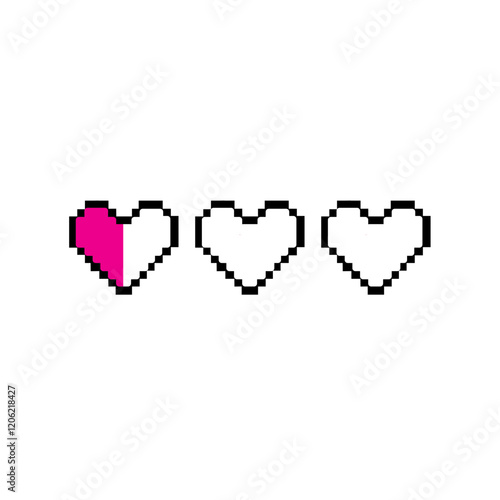 A vector with three pixelated hearts in a horizontal row. The first two hearts are empty, and the third is half-filled with pink, representing a classic gaming health bar design.