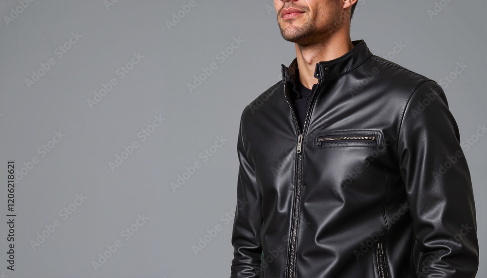 Man in stylish leather jacket posing against gray background Man in stylish leather jacket posing against gray background