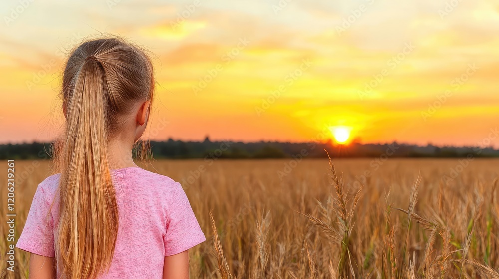 Girl watching sunset over wheat field Girl watching sunset over wheat field