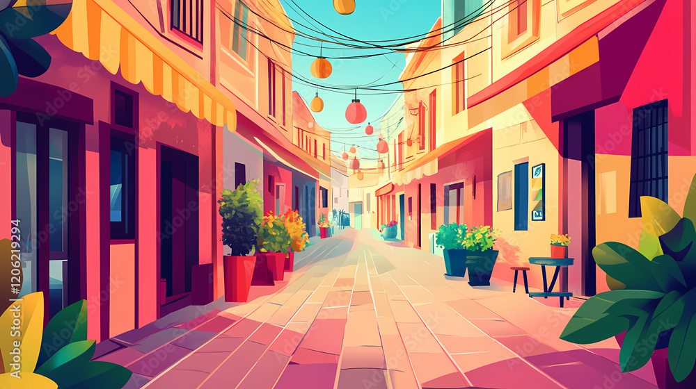 Obraz premium Retro urban style with bold colors close up individuality theme whimsical overlay street market backdrop. Whimsical Market. Illustration