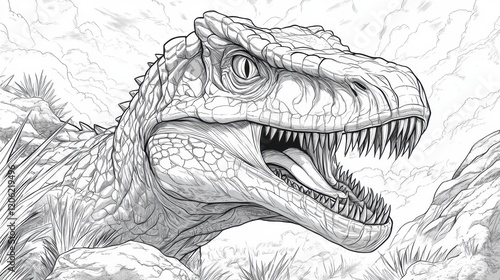Wallpaper Mural Dinosaur coloring page featuring a fierce T-Rex in a prehistoric landscape ready for artistic expression and creativity Torontodigital.ca