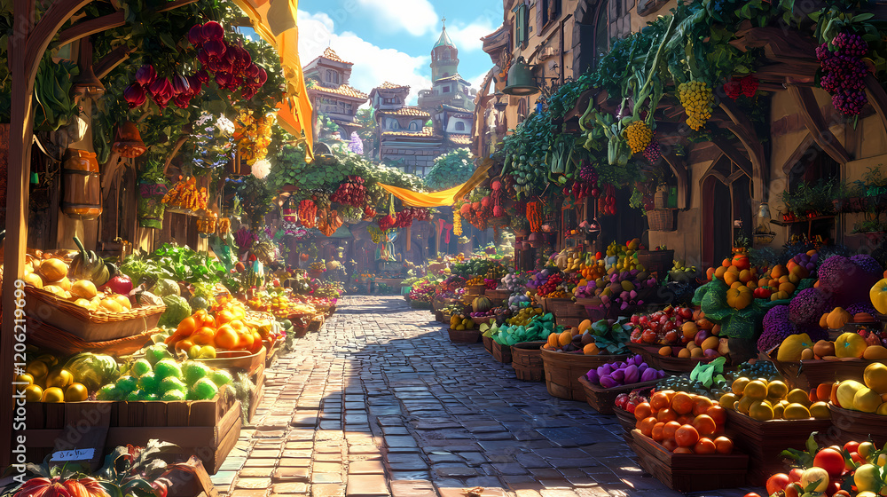 Fototapeta premium Vibrant fantasy market scene with floating plants, colorful produce, and whimsical architecture. ideal for game design, illustration, or fantasy settings. Whimsical Market. Illustration