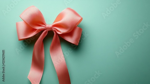 Delicate pink ribbon bow against a soft turquoise backdrop in a serene and artistic composition photo