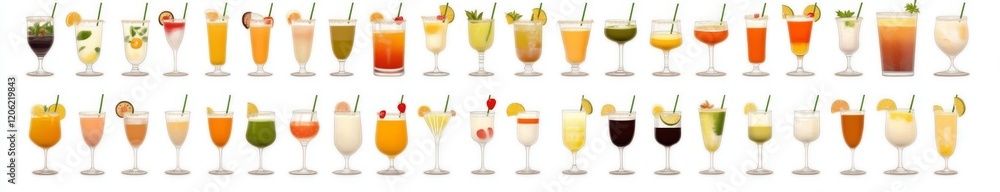 The lineup of cocktails consists of gin tonic, blue lagoon, tequila sunrise, iced irish coffee, pina colada, mai tai, a drink with rum, whiskey, and mojito The lineup of cocktails consists of gin tonic, blue lagoon, tequila sunrise, iced irish coffee, pina colada, mai tai, a drink with rum, whiskey, and mojito