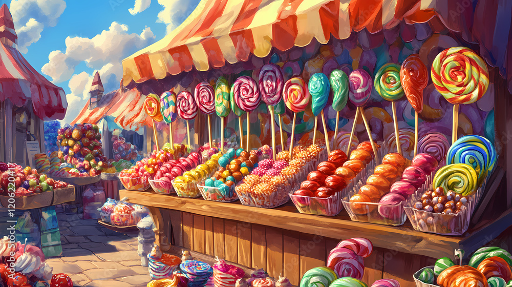 Fototapeta premium Whimsical market candy stall featuring rainbow lollipops caramel apples in a lively setting. Whimsical Market. Illustration
