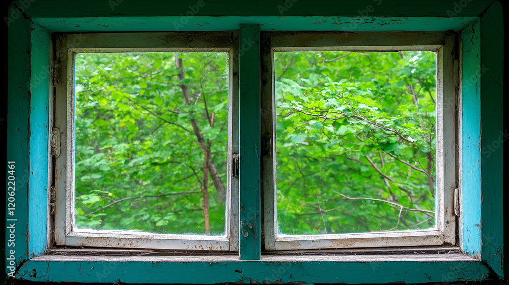 Fototapeta premium Old wooden window with a view of green foliage