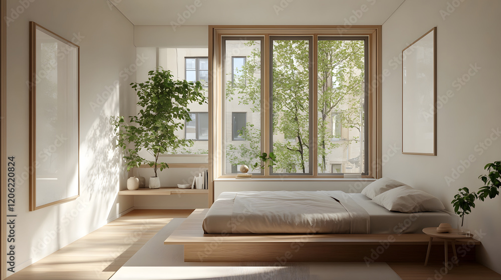 Fototapeta premium Peaceful bedroom with warm wooden elements.