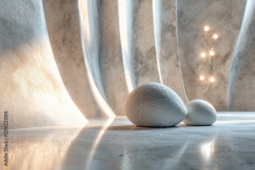 Two large white ovoid sculptures are placed on a marble floor in a modern and minimalist interior, illuminated by soft lighting photo