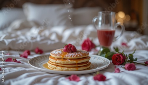 Romantic breakfast in bed with pancakes and roses photo