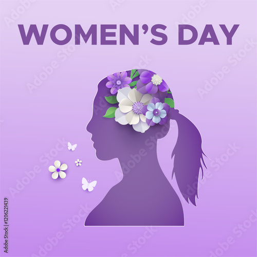 World Women's Day With Girl silhouette and flowers and butterflies, Cancer day background