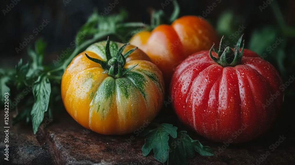 A beautiful and vibrant selection of heirloom tomatoes, ranging in colors from red to yellow, adorned with fresh garden herbs, symbolizing nature's bounty. A beautiful and vibrant selection of heirloom tomatoes, ranging in colors from red to yellow, adorned with fresh garden herbs, symbolizing nature's bounty.