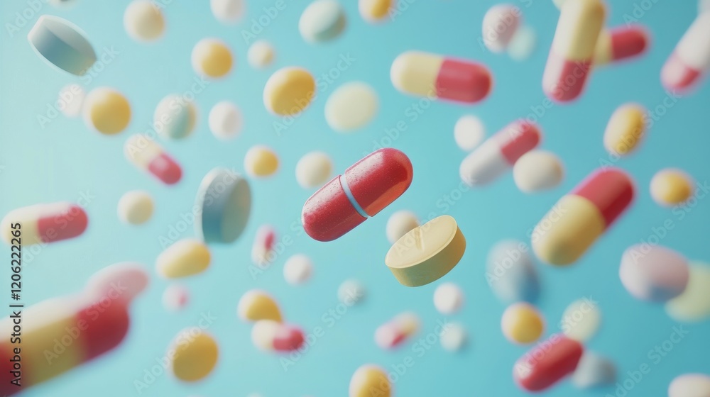 A surreal display of variously colored pills floating against a blue background highlights the significance and transformative potential of modern healthcare solutions. A surreal display of variously colored pills floating against a blue background highlights the significance and transformative potential of modern healthcare solutions.