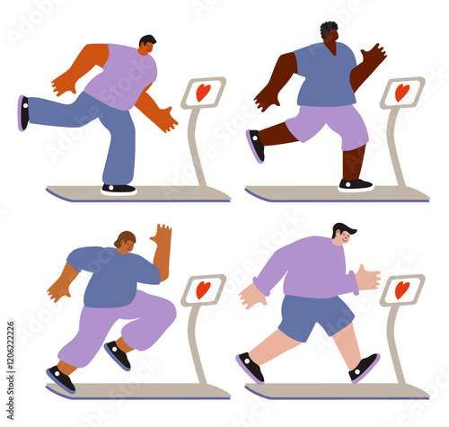 Cartoon style illustration of men in the gym, running in different positions on a treadmill. Promotion of a healthy lifestyle, training, sports. Vector illustration.