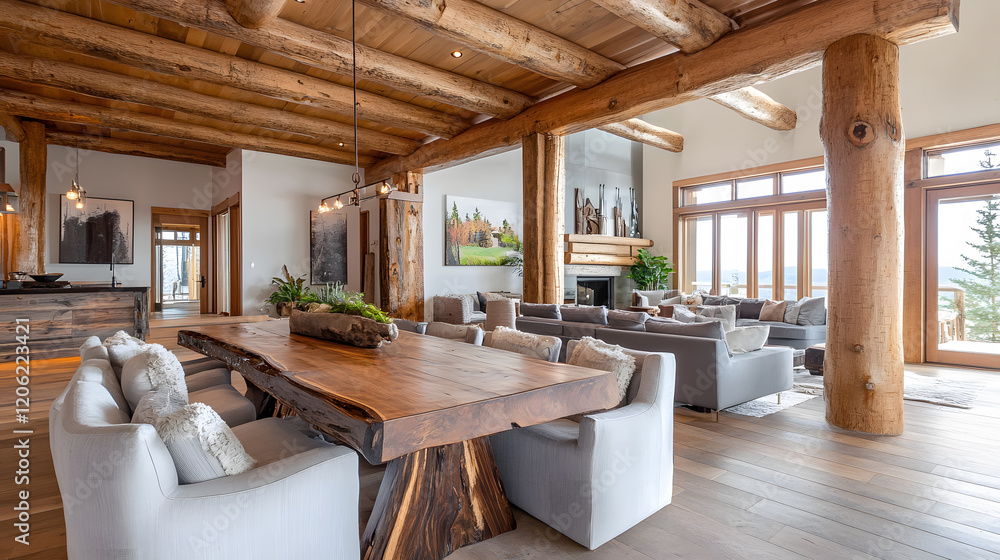 Large wooden dining table with classic rustic decor. Large wooden dining table with classic rustic decor.