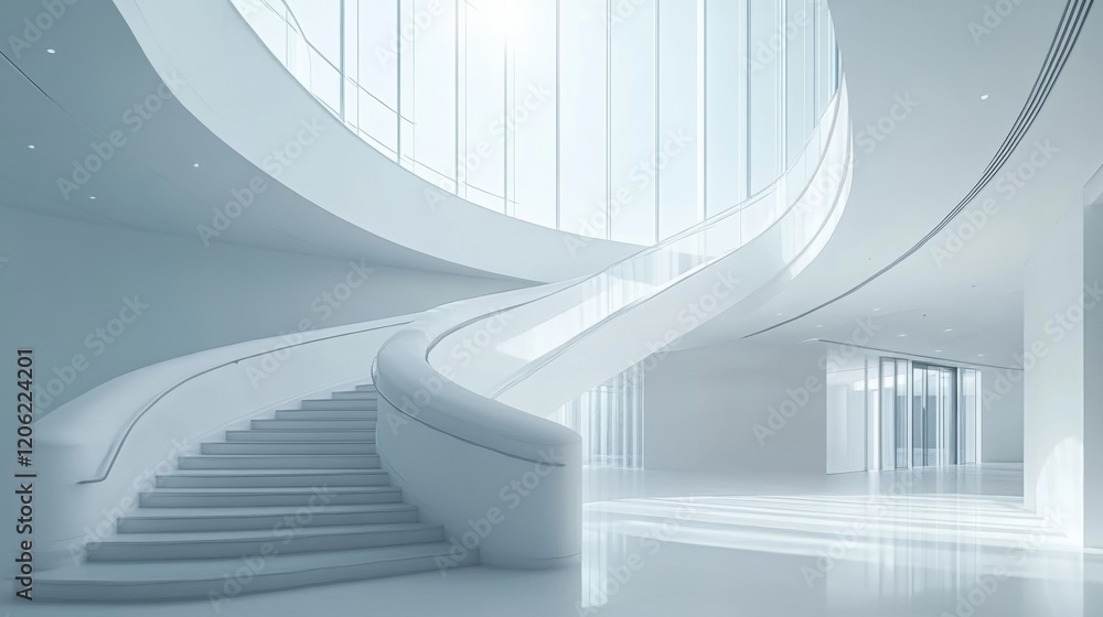 Obraz premium An elegant architectural marvel featuring a sweeping spiral staircase bathed in soft natural light, creating an ethereal and futuristic indoor environment.