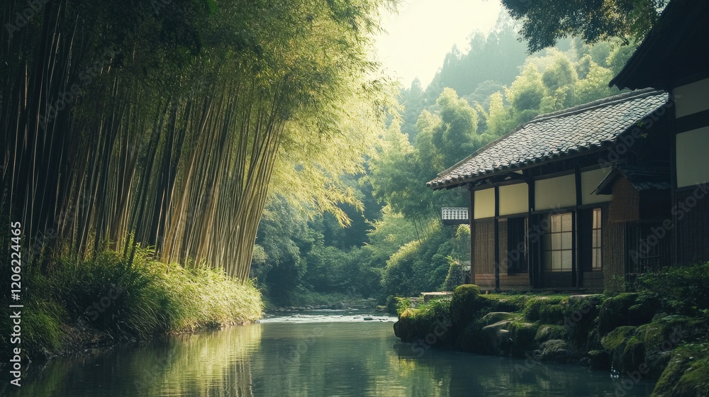 Fototapeta premium Modern Japanese Villa by a Stream with Bamboo Backdrop