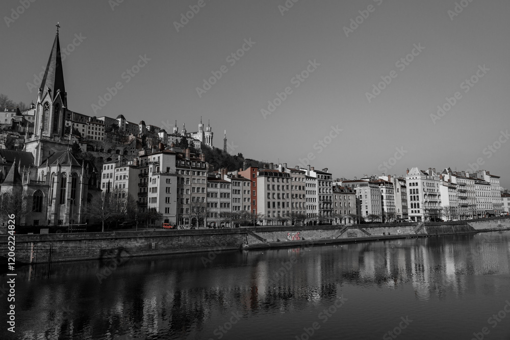Fototapeta premium Urban scene with buildings around the River Saone, Lyon, France
