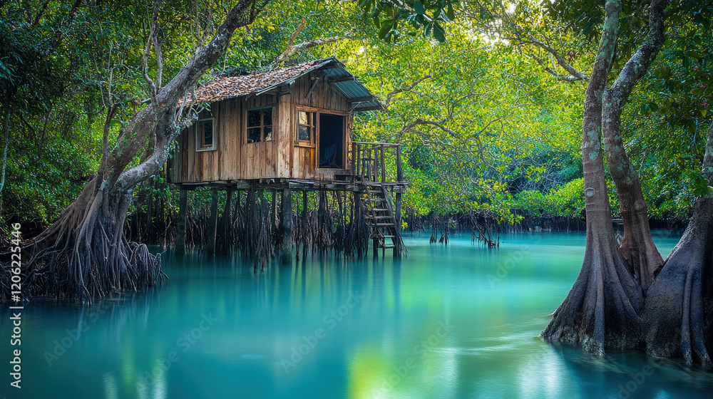 Rustic Treehouse on Stilts Overlooking Turquoise Waters Rustic Treehouse on Stilts Overlooking Turquoise Waters