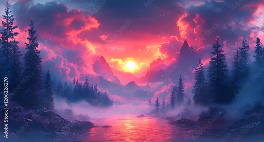 Obraz premium Sunset casting a warm glow over a river