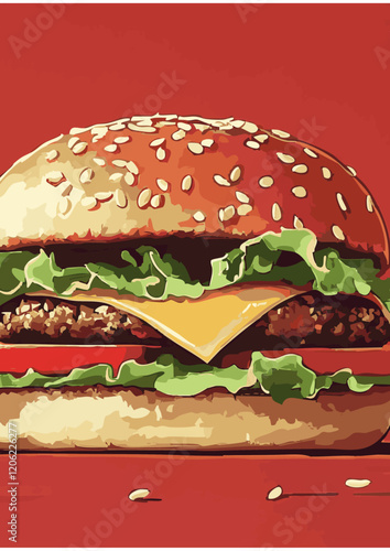Juicy Cheeseburger with Vegetables on a Bright Red Background