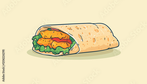 Delicious Chicken Wrap with Lettuce and Sauce in Minimal Cartoon Illustration