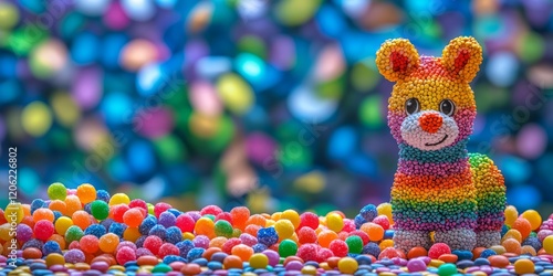 Candy-covered llama figurine with colorful candy backdrop photo