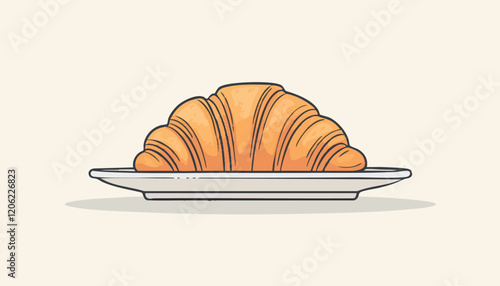 Illustrated Croissant on Plate Representing Bakery and Breakfast Themes