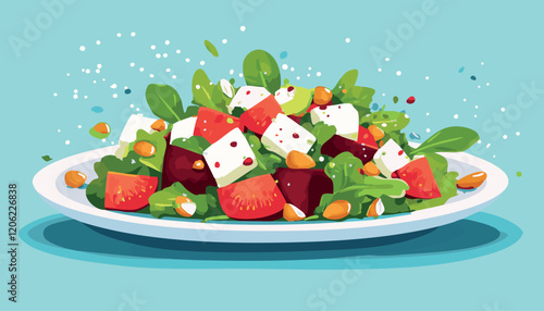 Freshly Prepared Salad With Feta Cheese, Tomatoes, Nuts, And Leafy Greens