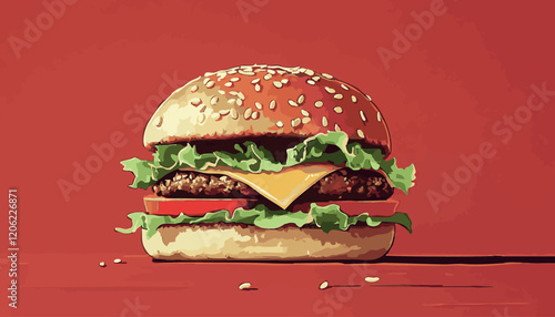 Juicy Cheeseburger with Vegetables on a Bright Red Background
