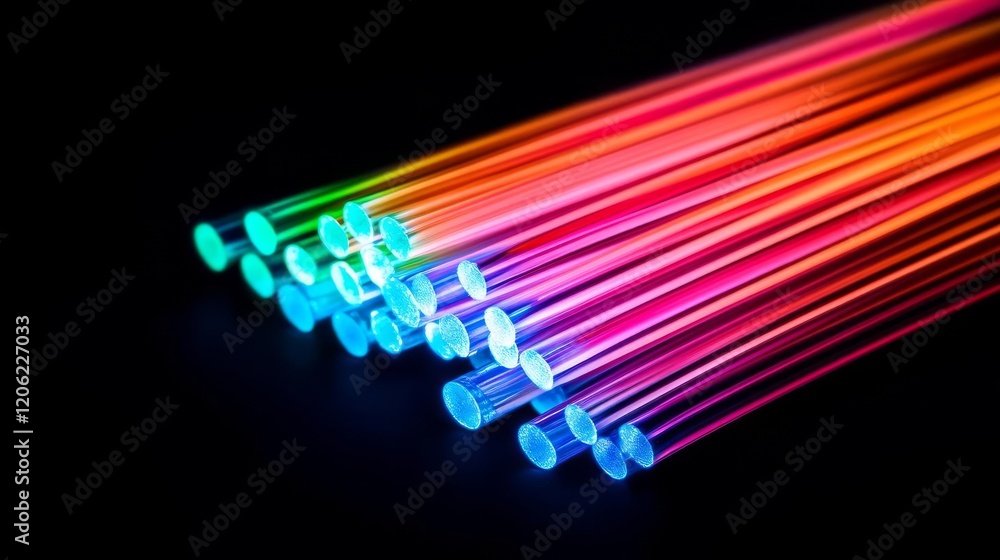 Fiber optic cables transmitting vivid colors of light, showcasing optical conductivity Fiber optic cables transmitting vivid colors of light, showcasing optical conductivity