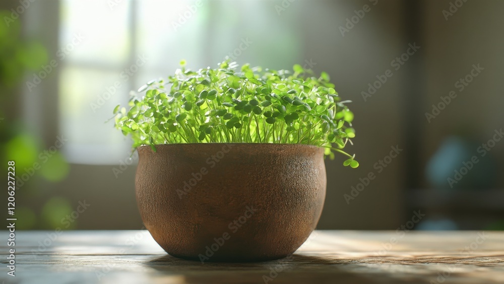 Vibrant Green Microgreens in a Rustic Pot on a Sunny Table Vibrant Green Microgreens in a Rustic Pot on a Sunny Table