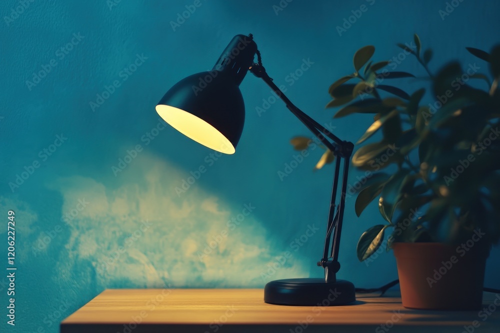 Serene Desk Setup: Illuminated Workspace with Plant Serene Desk Setup: Illuminated Workspace with Plant