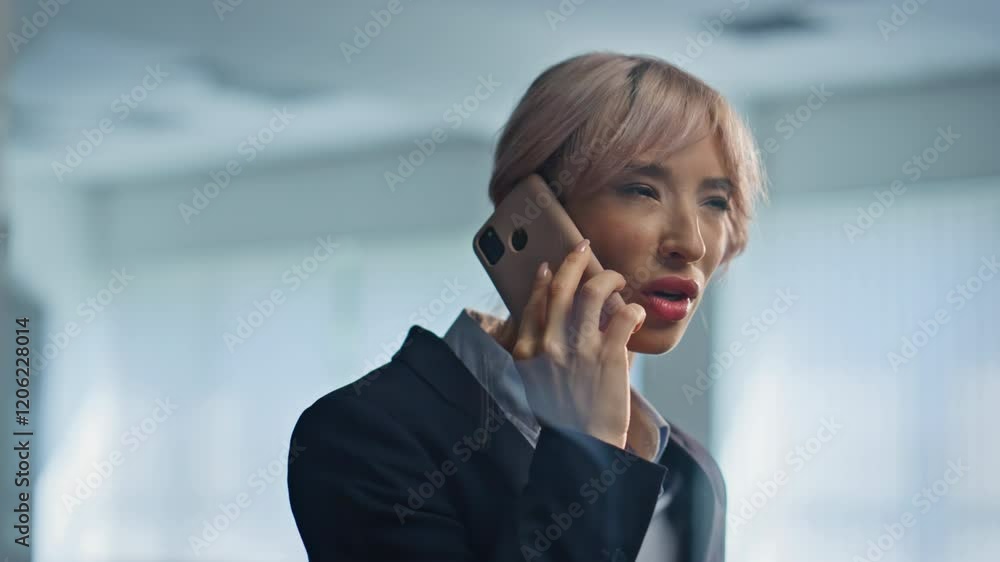 Stressed manager arguing cellphone shouting inside glass meeting room closeup