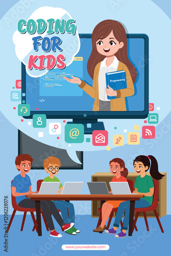 Coding Computer Programming for Kids Poster Vector Illustration