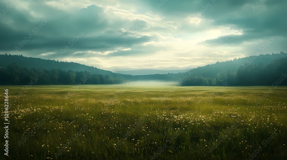 Obraz premium Meadow's evening veil, tranquil meadow enveloped in deepening shadows, serene landscape inviting exploration, minimalist design enhancing the sense of calm and mystery. Twilight Meadow. Illustration