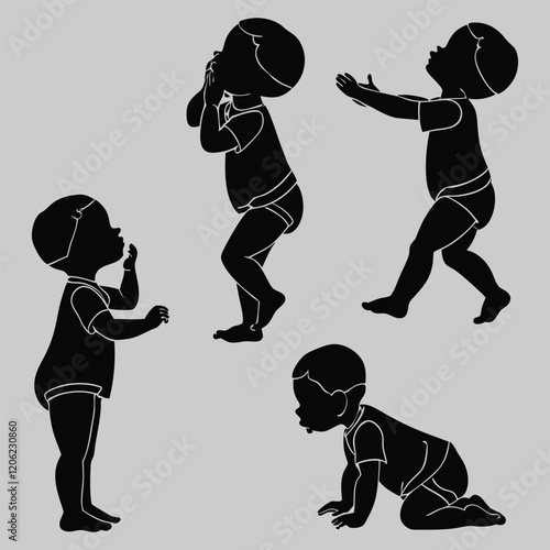  various pose of sweet baby silhouette vector design art and illustration