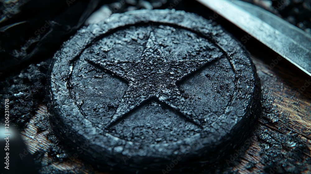 In soft candlelight, a modern witch's bowl sits on a carved wooden table, holding black salt and a ritual dagger In soft candlelight, a modern witch's bowl sits on a carved wooden table, holding black salt and a ritual dagger