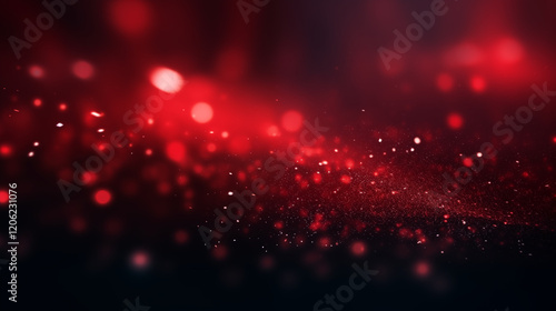 Particules scintillantes et brillantes volant sur fond sombre, rouge et noir. Lumière rouge, paillettes et flou. Fond pour bannière, conception et création graphique.	
