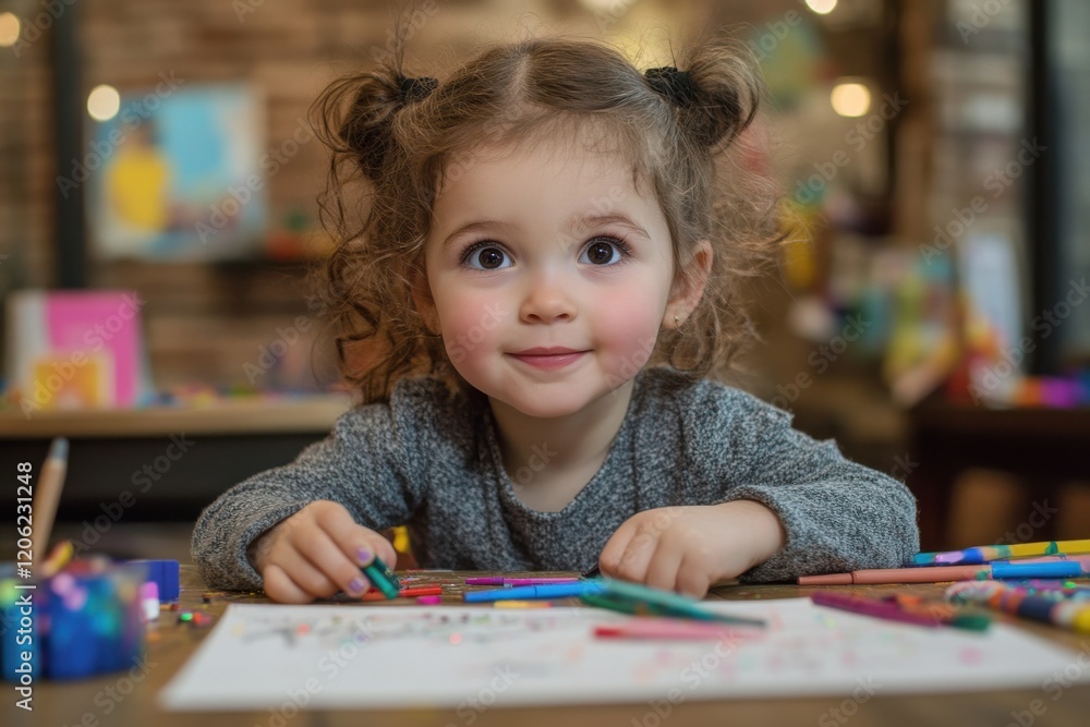 Little girl engaged in creative drawing activity with colorful crayons indoors at a cozy and playful environment Little girl engaged in creative drawing activity with colorful crayons indoors at a cozy and playful environment