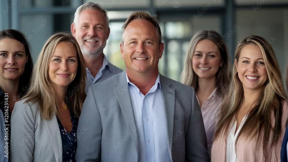 custom made wallpaper toronto digitalConfident business team posing with it's leader at a corporate office.