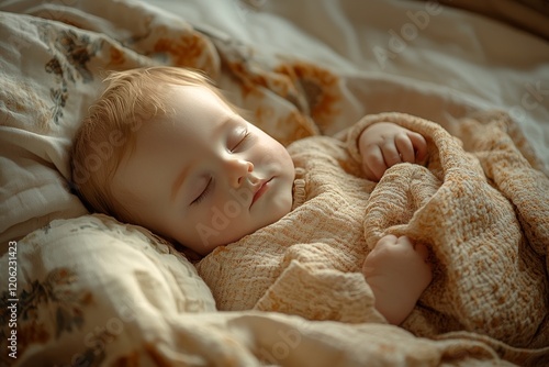 Sweet sleeping baby wrapped in soft fabric in a cozy setting during a calm af...