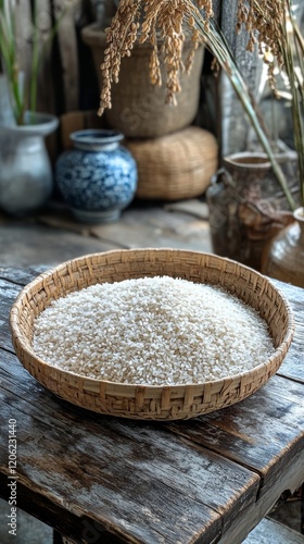 Rice in a woven basket displayed on a rustic wooden table in a traditional se...