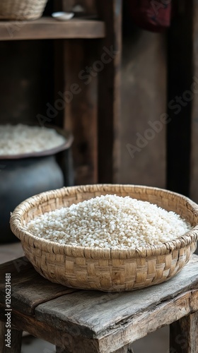Rice in a woven basket displayed on a rustic wooden table in a traditional se...