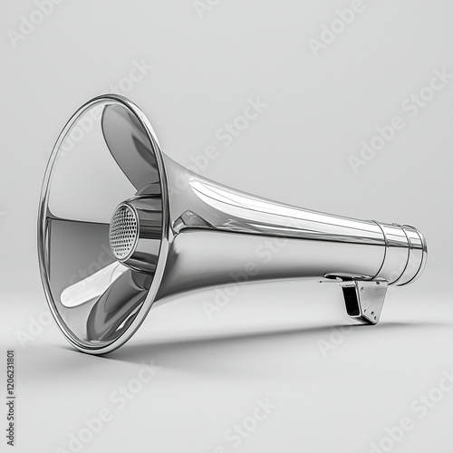 Chrome megaphone announcement, studio shot.