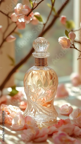 Elegant glass bottle with floral design and soft pink petals on a sunlit table