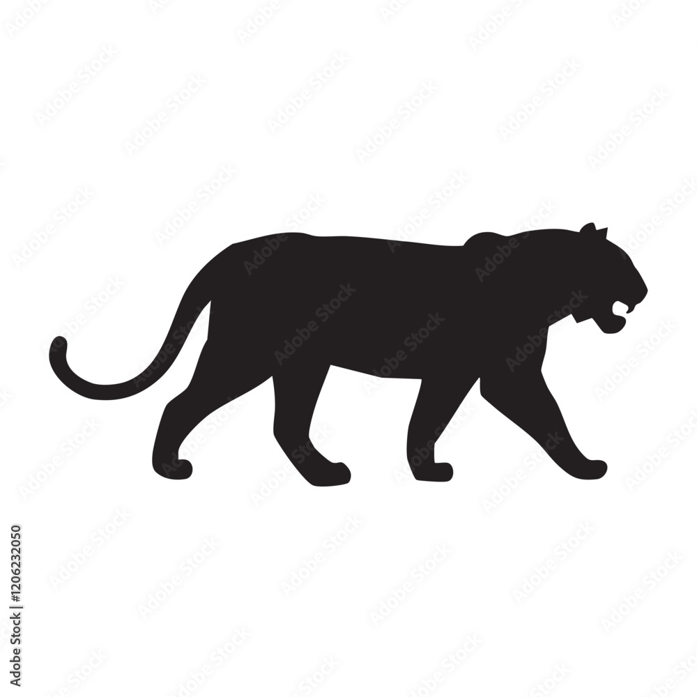 Obraz premium A flat silhouette of a tiger with its tail swishing, walking with confidence, black silhouette on a white background.