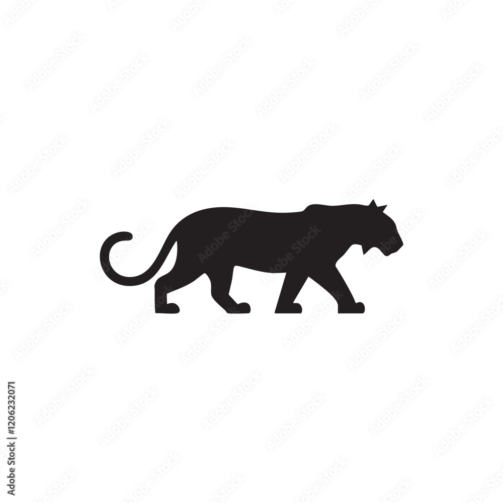 A flat silhouette of a tiger with its tail swishing, walking with confidence, black silhouette on a white background. A flat silhouette of a tiger with its tail swishing, walking with confidence, black silhouette on a white background.
