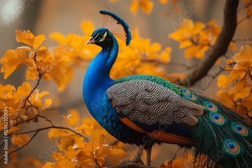 Peacock perched on a branch surrounded by vibrant autumn foliage in a tranqui...