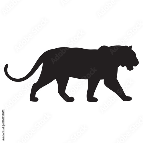 A flat silhouette of a tiger with its tail swishing, walking with confidence, black silhouette on a white background.