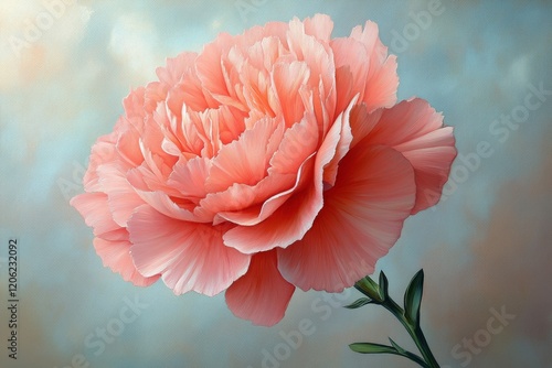 Beautiful pink carnation with delicate petals against a softly colored backgr...